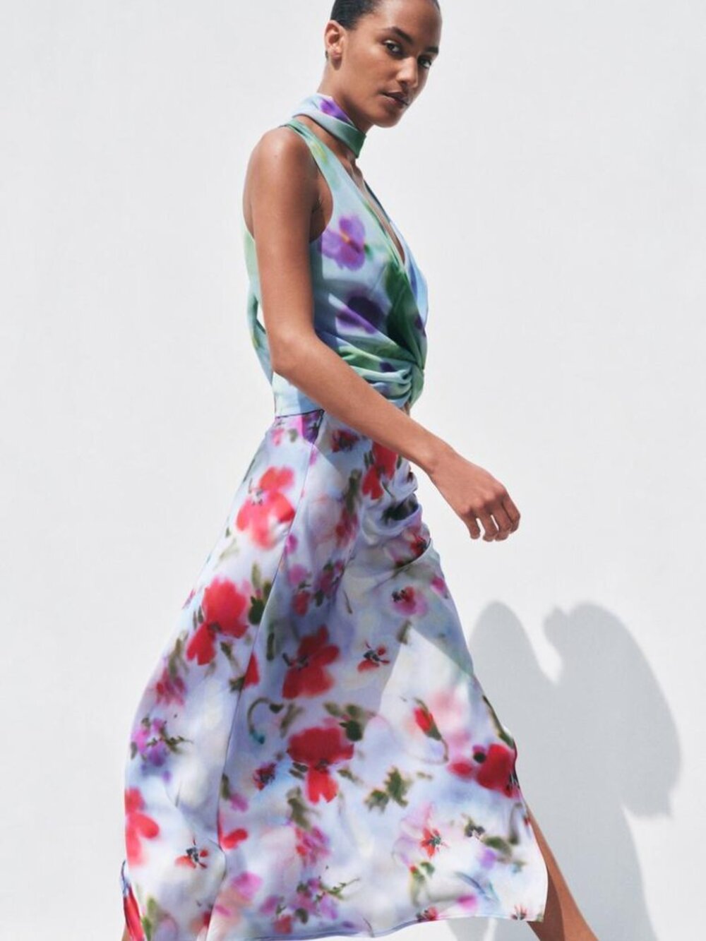 Zara Satin Effect Printed Midi Skirt Ruched Slit High Waist Size Large NWT Chic - Picture 2 of 14